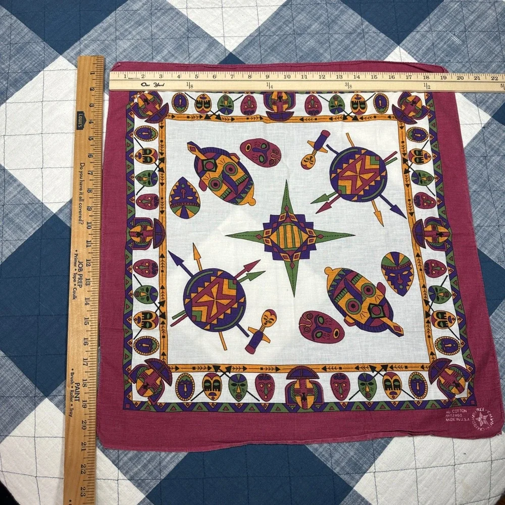 Vintage Tribal Mask Shield All Cotton Bandana Made in USA RN13960 Burgundy Multi